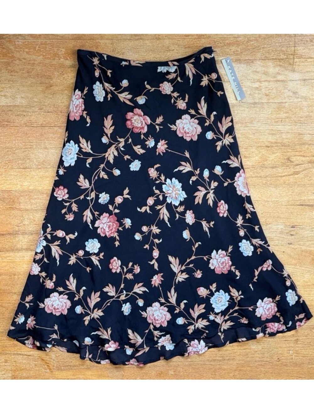 Vintage Black Floral Print Bias Cut Silk Skirt Size Small 6 29" Waist Y2K Midi